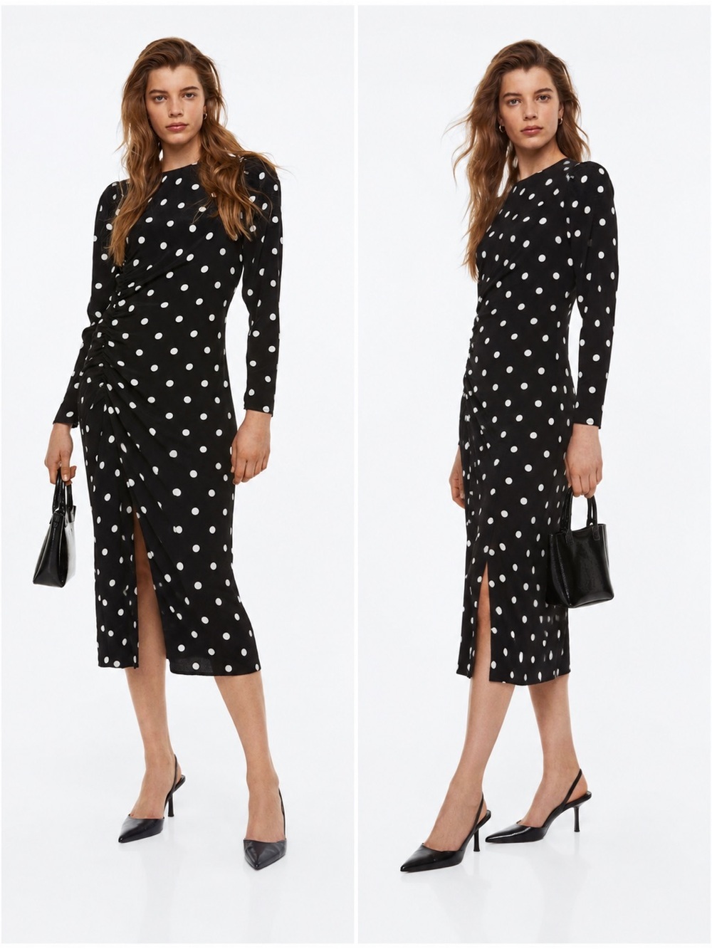 H&M Black & White Polka Dot Long Sleeve Midi Dress Size M